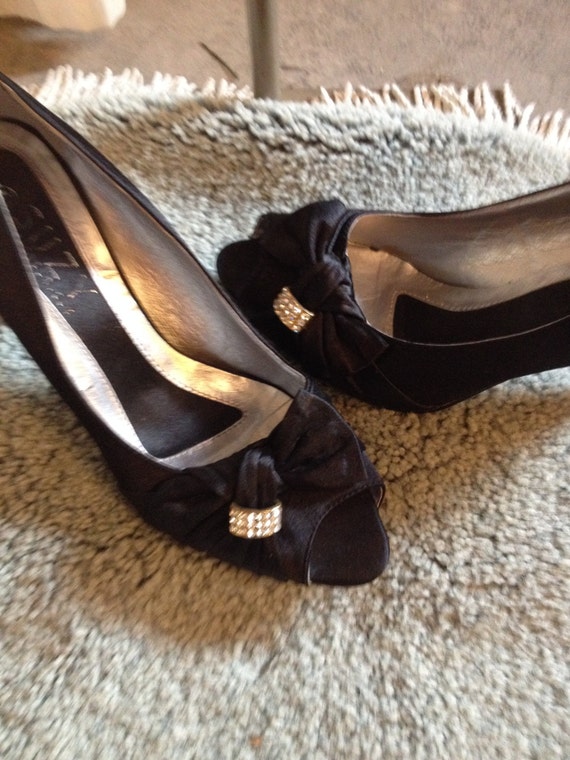 black satin pumps with rhinestones