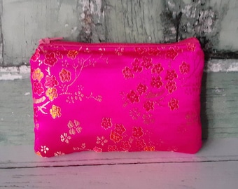 Pink and Gold Blossom Floral Brocade Zip Coin Purse  Pouch