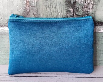 Teal Green Satin Zip Coin Purse  Pouch