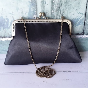 Black Satin 8 Inch Clasp \Bronze Vintage Style Purse Frame Clutch Bag