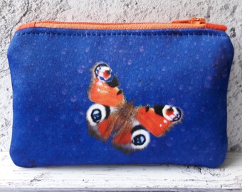 Bolsa de bolsa de bolsillo hecha a mano red y azul mariposa satinada con cremallera