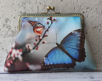 Blue Butterfly and Blossom Floral Satin 5.5 Inch Clasp Purse Frame Clutch Bag