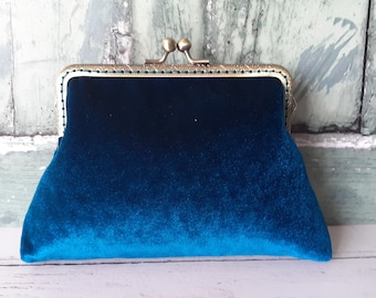 Pochette à coudre en velours bleu pétrole 5,5 pouces de style vintage