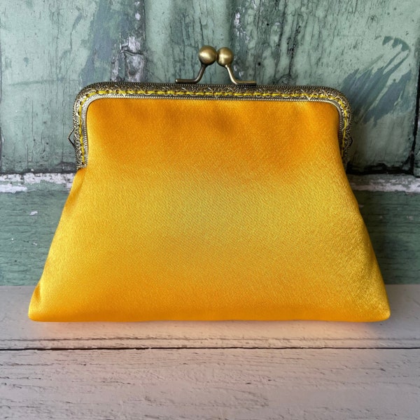 Golden Yellow Satin 5.5 Inch Sew In Frame Vintage Style Clutch Bag