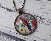 Tropical Floral Parrot Glass Pendant Necklace - Parrot Pendant Necklace Birthday Gift for Her - Bird Glass Pendant - Bird Pendant Necklace