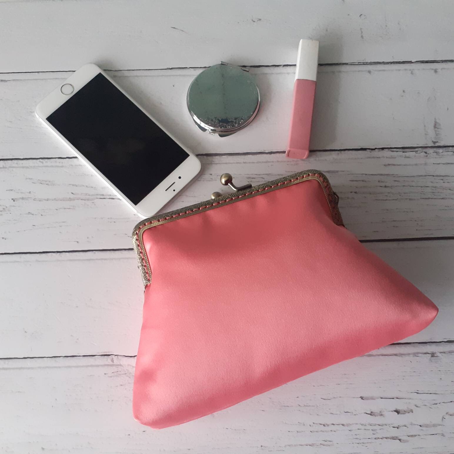 Coral Pink Satin 5.5 Inch Sew in Clasp Purse Frame Clutch Bag
