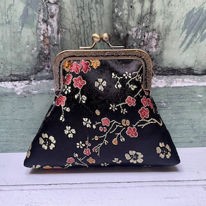 Noir et Or Fleur Brocart Floral Carte de crédit Coin Fermoir Sac à main Pochette