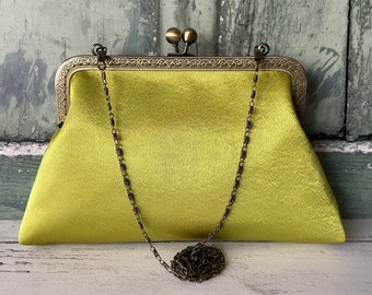 Lime Green Satin 8 Inch Clasp Vintage Style Frame Clutch Bag