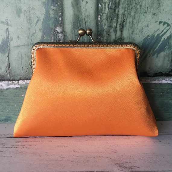 Tangerine Orange Satin 5.5 inch Sew in Clasp Purse Frame Clutch Bag