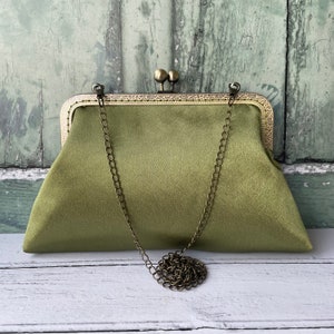 Olive Green Satin 8 Inch Clasp Vintage Style Frame Clutch Bag