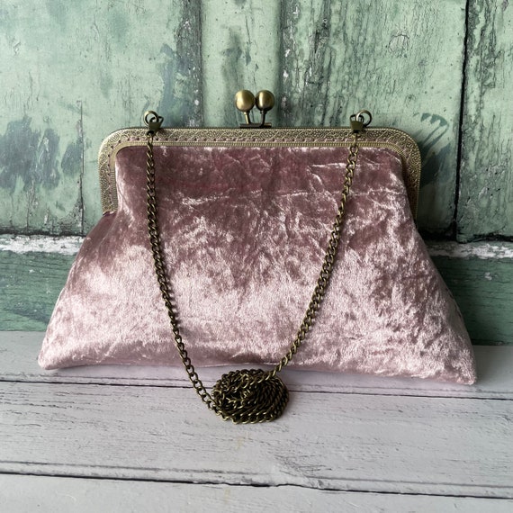Light Mauve Crushed Velvet 8 Inch Bronze Clasp Vintage Style Purse Frame Clutch Bag Etsy UK