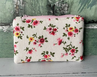 Pink and Red Roses Floral Cotton Zip Coin Purse  Pouch