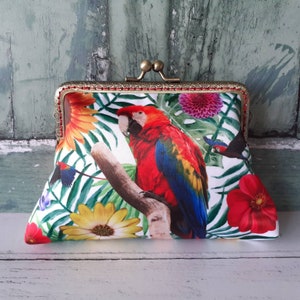 Tropical Floral Red and Blue Parrot Satin 5.5 Inch Clasp Purse Frame Clutch Bag
