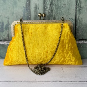 Yellow Crushed Velvet 8 Inch Bronze Purse Clasp Vintage Style Frame Clutch Bag