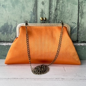 Tangerine Orange Satin 8 Inch Clasp Bronze Vintage Style Frame Clutch Bag
