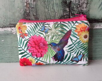 Tropical Blue Hummingbird Floral Satin Coin Zipper Purse Pouch