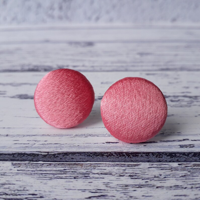 Pink Earrings for Women Pink Earring Birthday Gifts Pink Earring Gift for Her Coral Pink Satin Fabric Button Scroll Back Stud Earrings