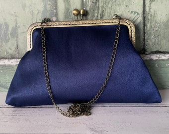Navy Blue Satin 8 Inch Clasp Vintage Style Frame Clutch Bag