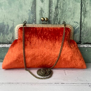 Orange Crushed Velvet 8 Inch Clasp Bronze Vintage Style Frame Clutch Bag