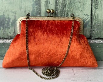 Burnt Orange Crushed Velvet 8 Inch Clasp Bronze Vintage Style Frame Clutch Bag