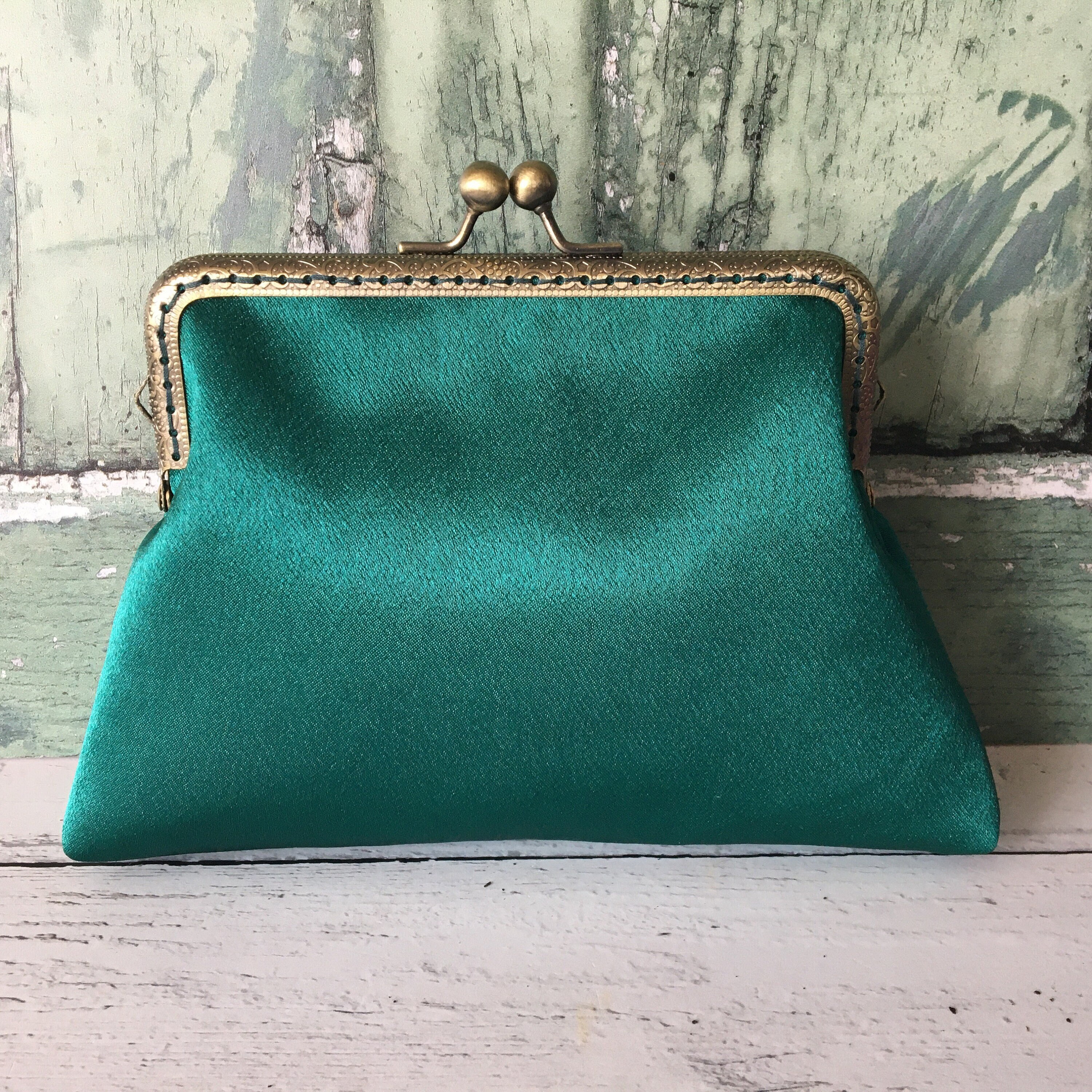 Dark Green Satin 5.5 Inch Sew in Clasp Purse Frame Clutch Bag 