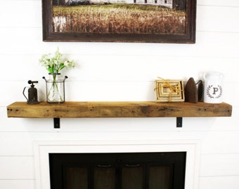 Fireplace Mantel, Skip-Planed Mantel, Reclaimed Wood Rustic Mantel With Floating Hardware, Rustic Shelving, 3" Thick x 5" Deep Shelf