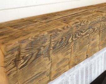 Reclaimed Wood Fireplace Mantel: Hand Hewn Barn Beam, Rustic Floating Shelf