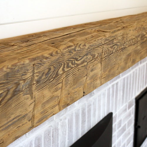 Reclaimed Wood Fireplace Mantel: Hand Hewn Barn Beam, Rustic Floating Shelf