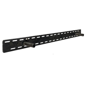 May include: Black metal shelf bracket with multiple holes and two metal brackets extending out from the sides.