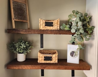Reclaimed Barnwood Wall Shelf: Rustic Shelving with Brackets (2" Thick x 10" Deep)