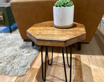 Reclaimed Wood End Table: Rustic Octagon Plant Stand with Hairpin Legs
