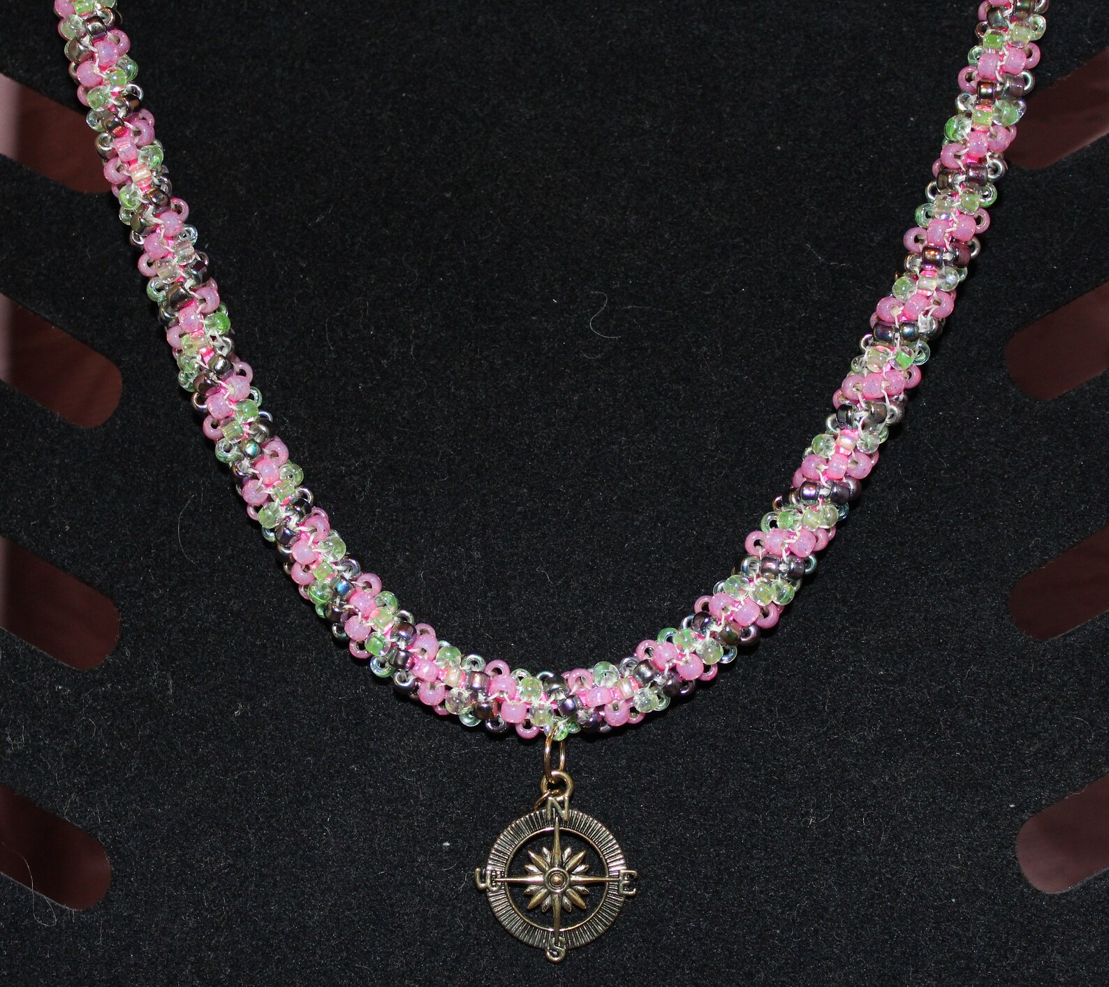 27 Necklace, Pink Nylon Cord With Pink, Silver and Green Beaded Rope