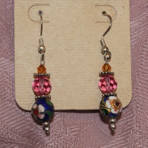 Earrings, Pink and Cloisonne Beads, E 0351