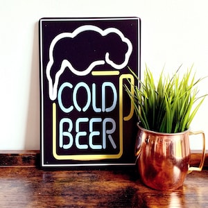 COLD BEER Neon Effect Metal Sign Decorative Tin Plaque for Pub, Bar, Kitchen, Restaurant, Events // Birthday Gift, Housewarming Gift image 1
