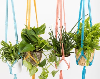 Macramé Plant Hanger | 100cm Long | Wooden Ring | Cotton Indoor Hanging Basket | Blue, Aqua, Pink, Yellow, Plant Lover, Mother's Day Gift