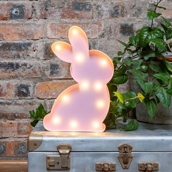 PINK BUNNY Metal LED Night Light Battery Operated Nursery Decor