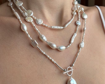 Multi shape unique pearl and sterling silver long necklace