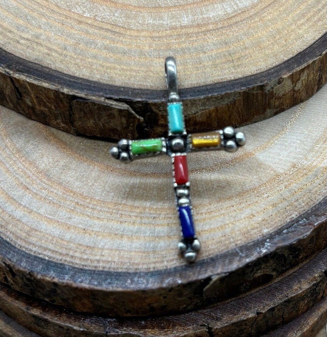 Vintage Tiny Multi Stone and Sterling Petite Point Cross - Etsy