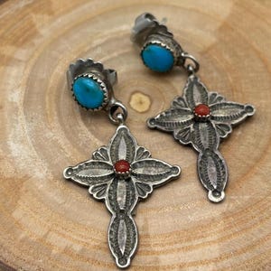 Vintage sterling cross dangle earrings with turquoise and coral