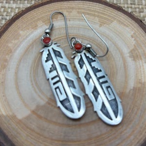 Vintage southwest sterling feather earrings with coral accents