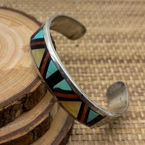 VTG wide multi stone inlay sterling cuff bracelet