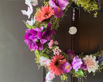 Amethyst Crystal Moon Wreath: Floral Home Decor Wall Art