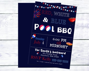 Red white and blue pool BBQ, birthday party, invite, digital, patriotic, USA, America, block party, independence day, summer, Memorial day