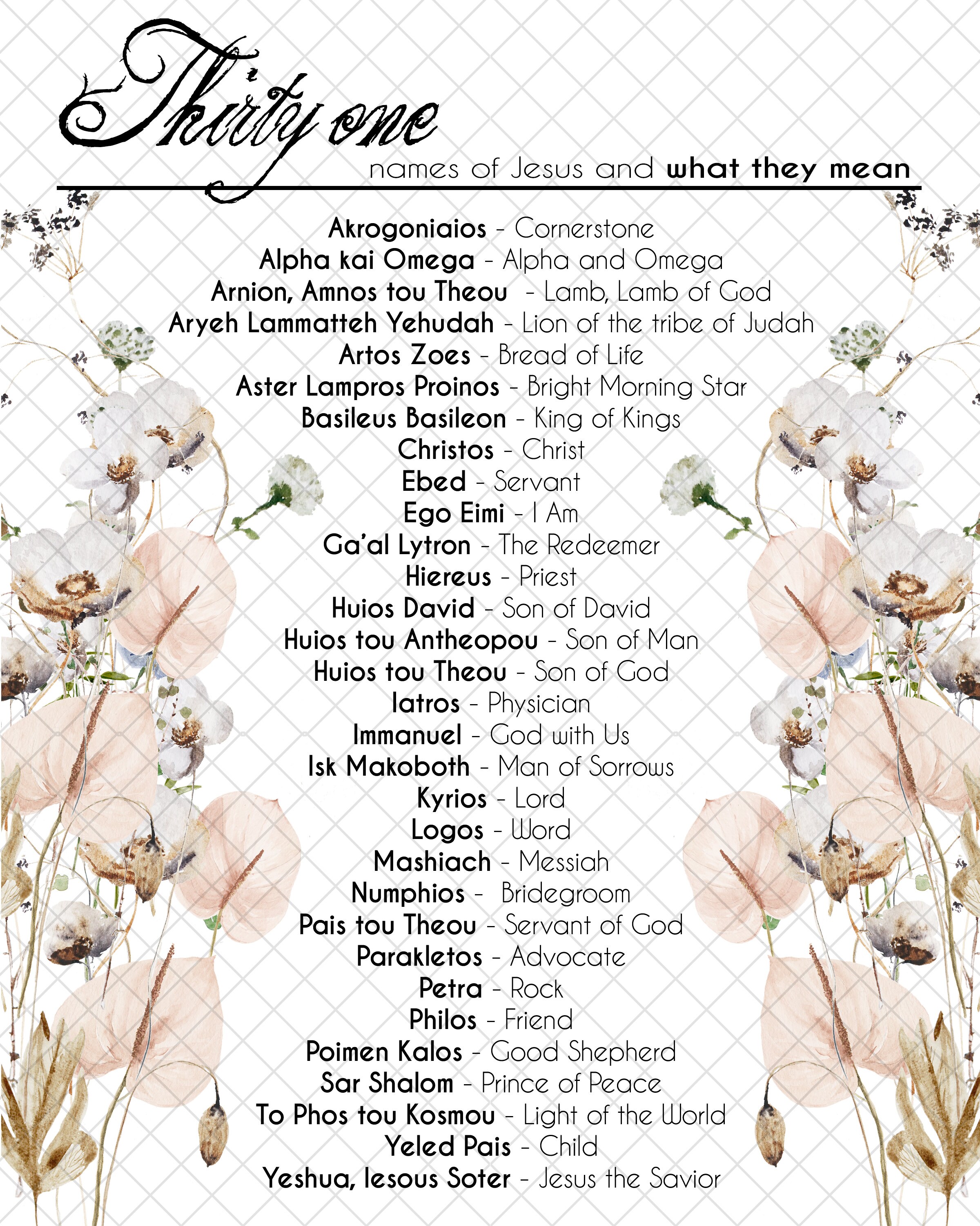 31 Names of Jesus, Wildflower, Hebrew God Names Wall Art, Jewish Names of  Jesus, - Etsy