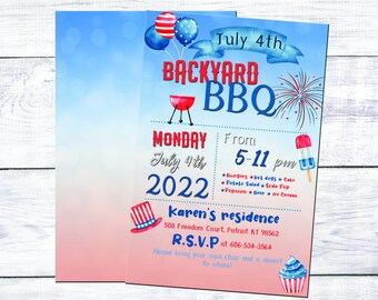 Red white and blue BBQ, birthday party invite, digital printable, patriotic, USA, America, block party, independence day, Memorial day