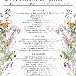 Spring Who God says I am, Who I am in Christ, Faith scripture, Christian printable, God&#39;s child, Scripture print, Art, God&#39;s masterpiece