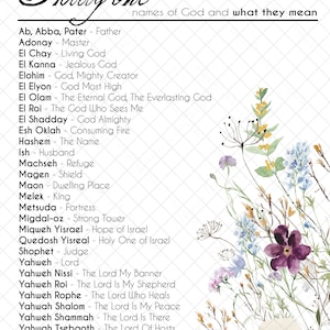 31 Names of God, Spring flowers, Hebrew God names wall art, Jewish names of God