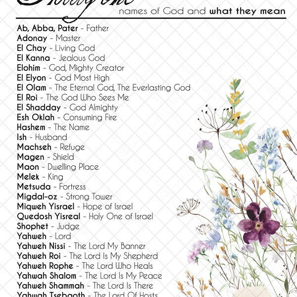 31 Names of God, Spring flowers, Hebrew God names wall art, Jewish names of God