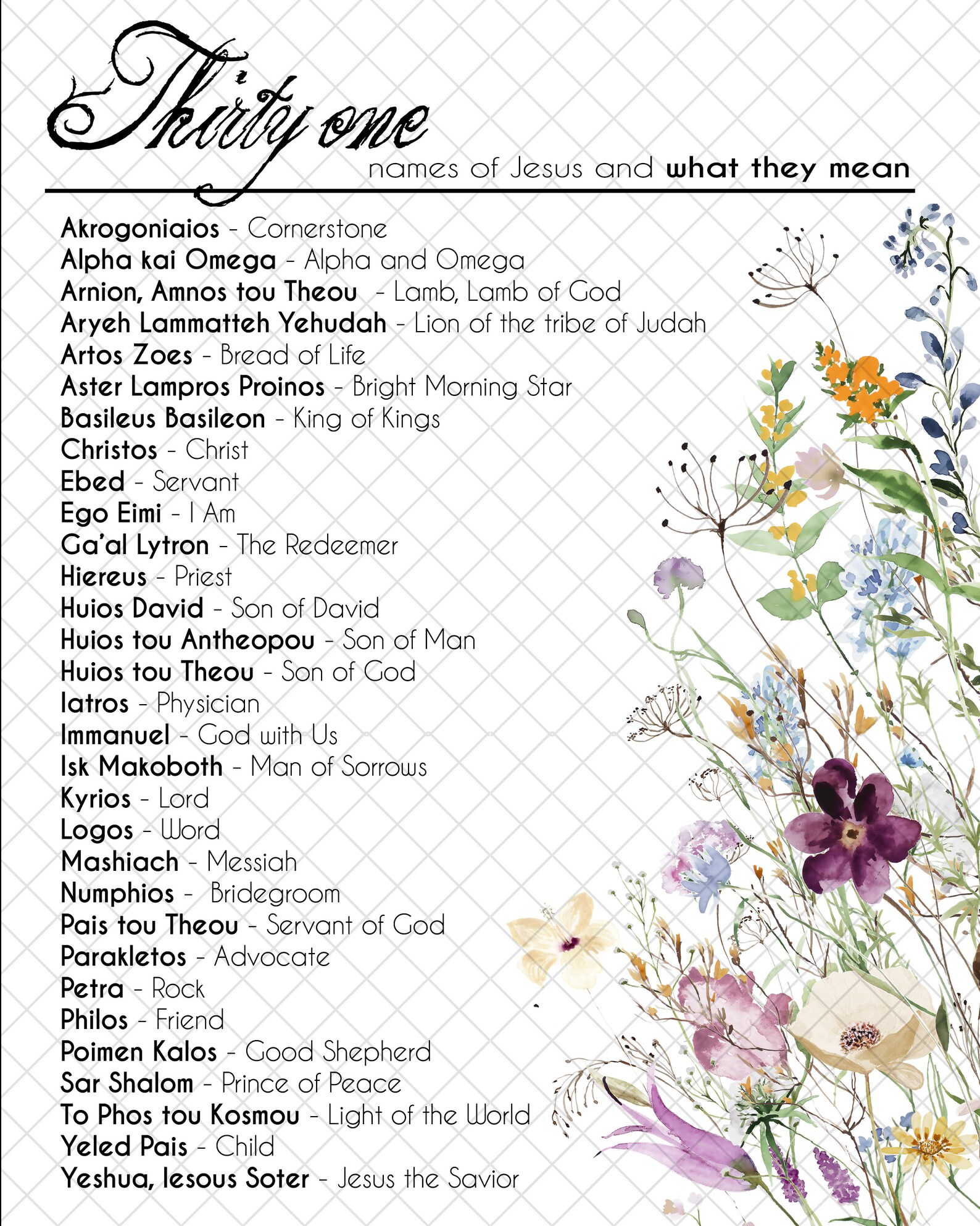 31 Names of Jesus, Spring Flowers, Hebrew God Names Wall Art, Jewish Names of Jesus, Etsy