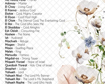 31 Names of God, Wildflowers, Hebrew God names wall art, Jewish names of God